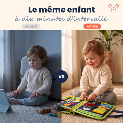Le même enfant devant un écran puis absorbé par son busy board Miloubo #bleu