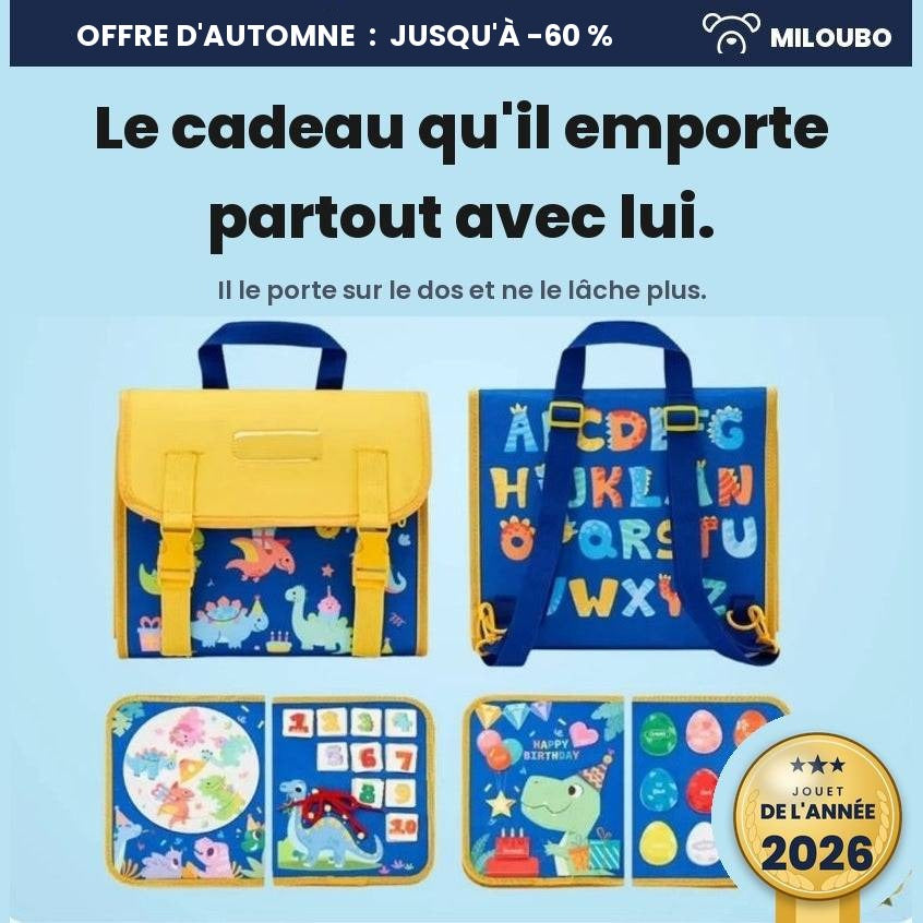 Cartable Miloubo bleu, dessin dinosaures : le cadeau qu'il emporte partout avec lui