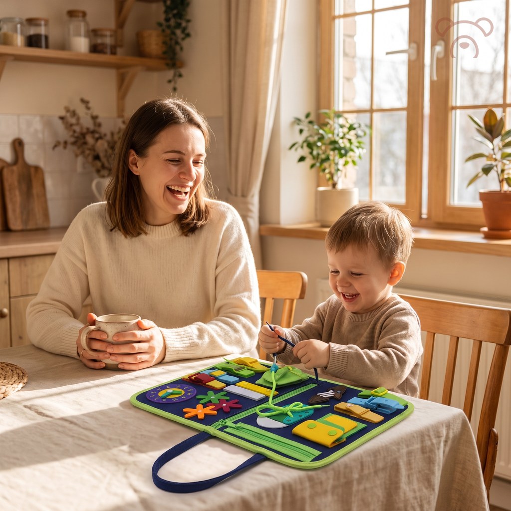 Le Cadeau Inoubliable — Une mère rit avec son café pendant que son fils joue au Livre d’activités bleu #bleu