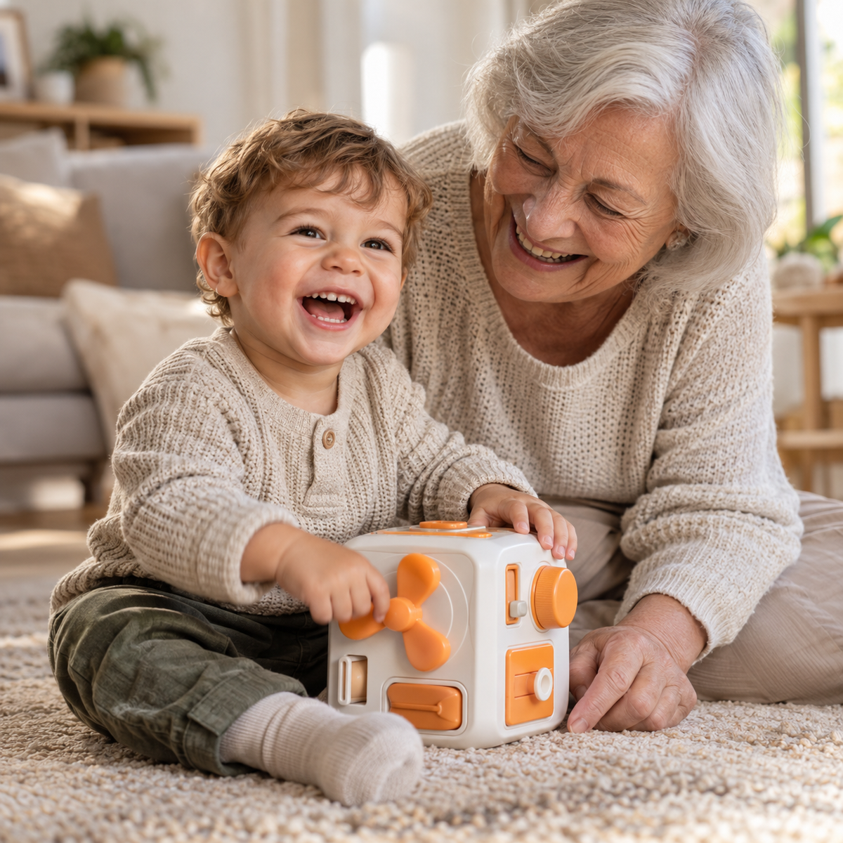 Enfant heureux et sa grand-mere jouant avec le Busy Cube Miloubo