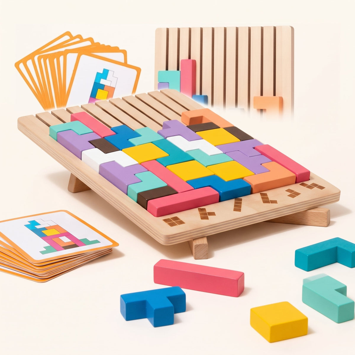 Montessori Wooden Tetris — 42 Pieces and 10 Challenges