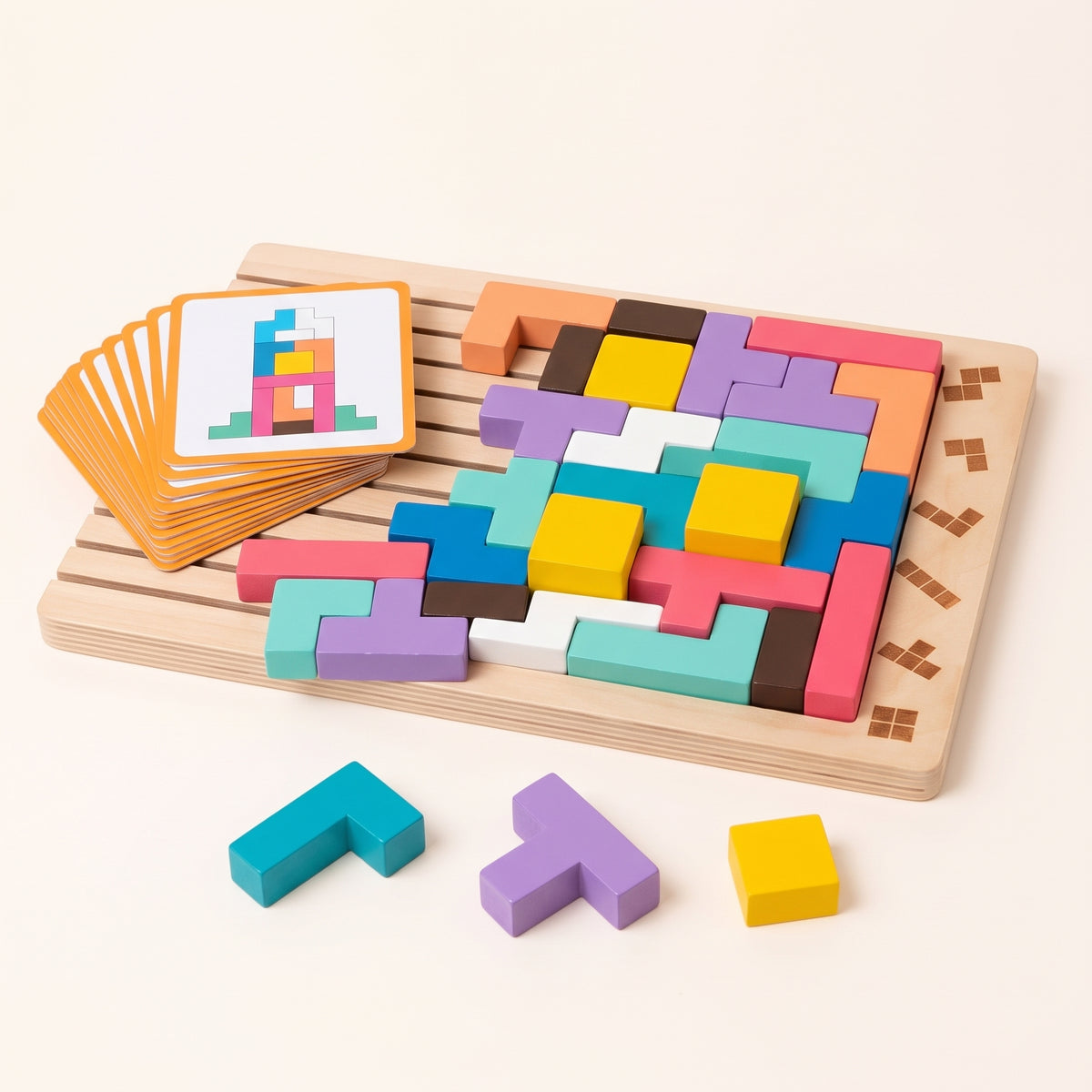 Tetris en bois Montessori — 42 pièces et 10 défis