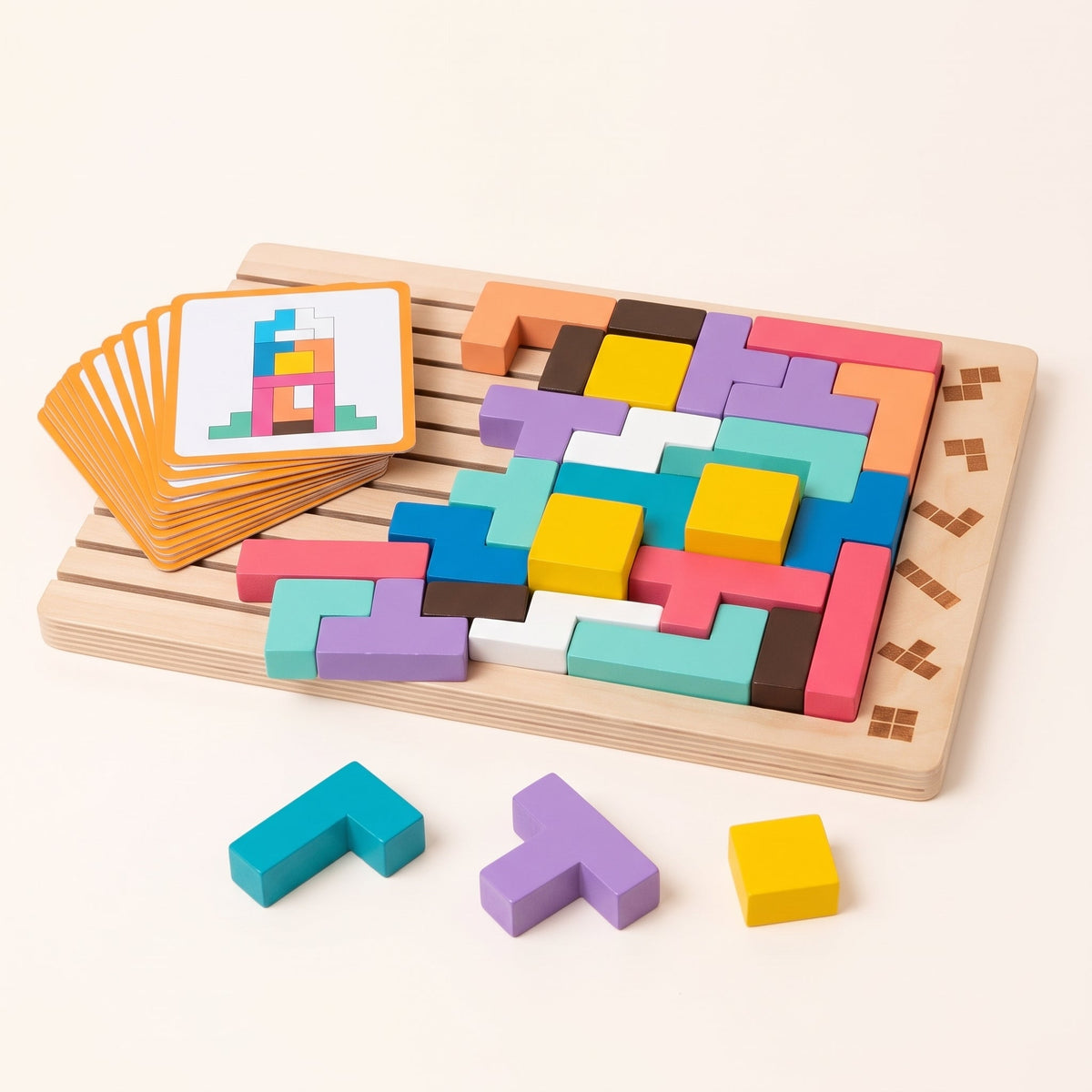 Montessori Wooden Tetris — 42 Pieces and 10 Challenges