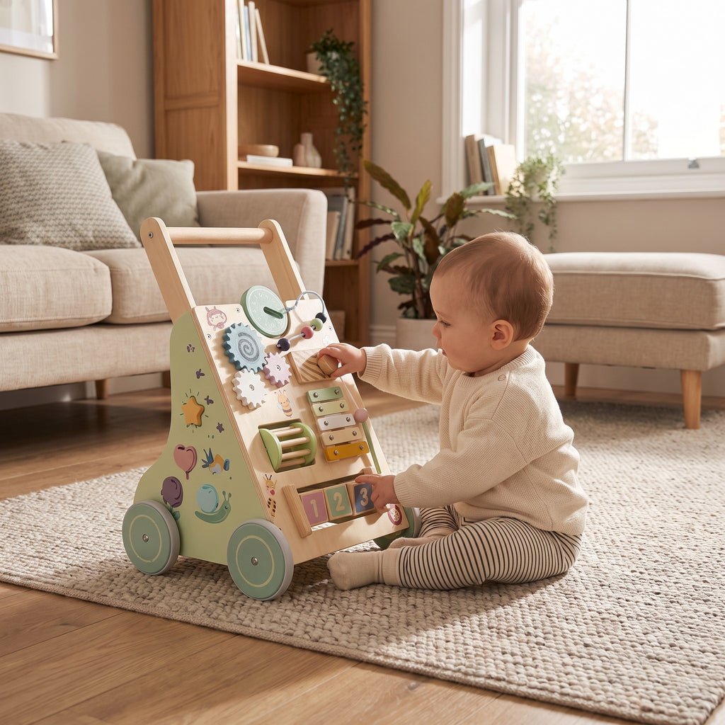 Bébé assis jouant avec le panneau du chariot de marche Miloubo
