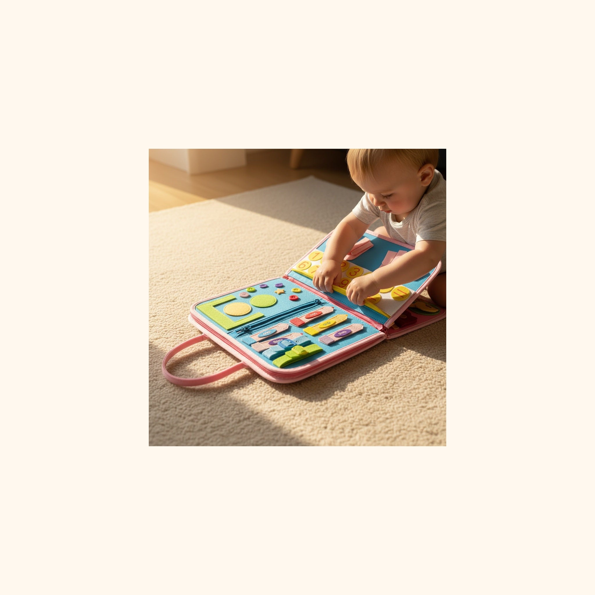 Enfant de 2 ans jouant avec le busy board Miloubo sur un tapis de salon