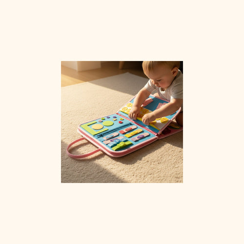 Enfant de 2 ans jouant avec le busy board Miloubo sur un tapis de salon