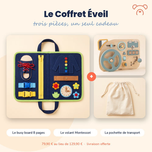 Coffret Éveil Miloubo : busy board 8 pages, volant Montessori et pochette