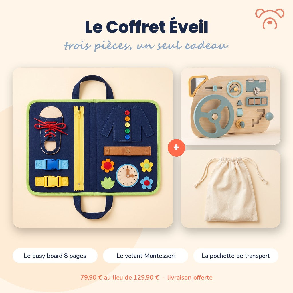 Le Coffret Découverte Miloubo : busy board 8 pages, volant et planche lumineuse