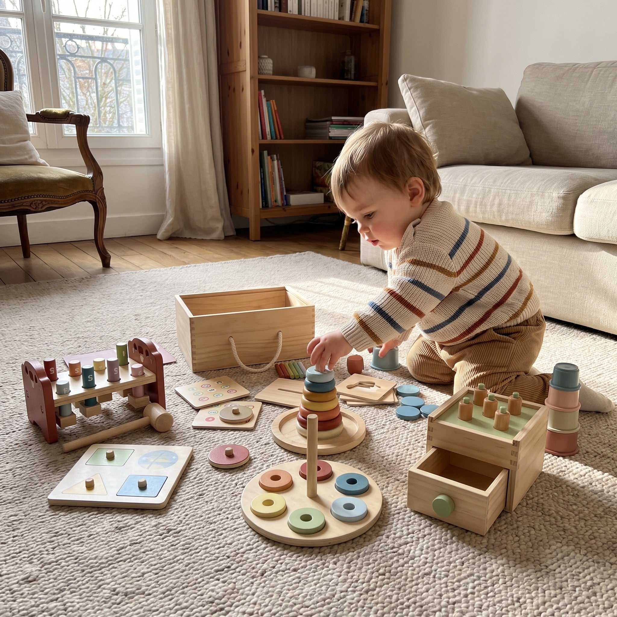 Les 54 pièces du coffret Montessori Miloubo étalées sur un tapis