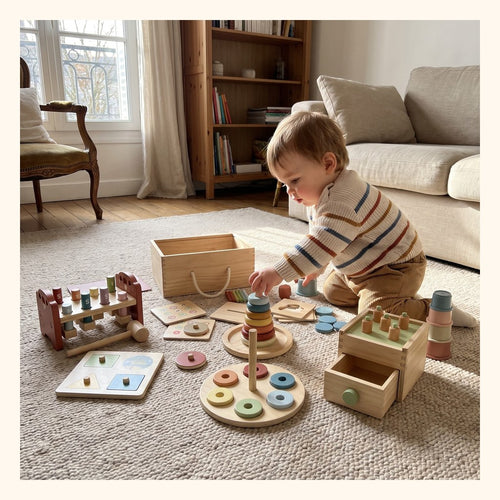 Les 54 pièces du coffret Montessori Miloubo étalées sur un tapis
