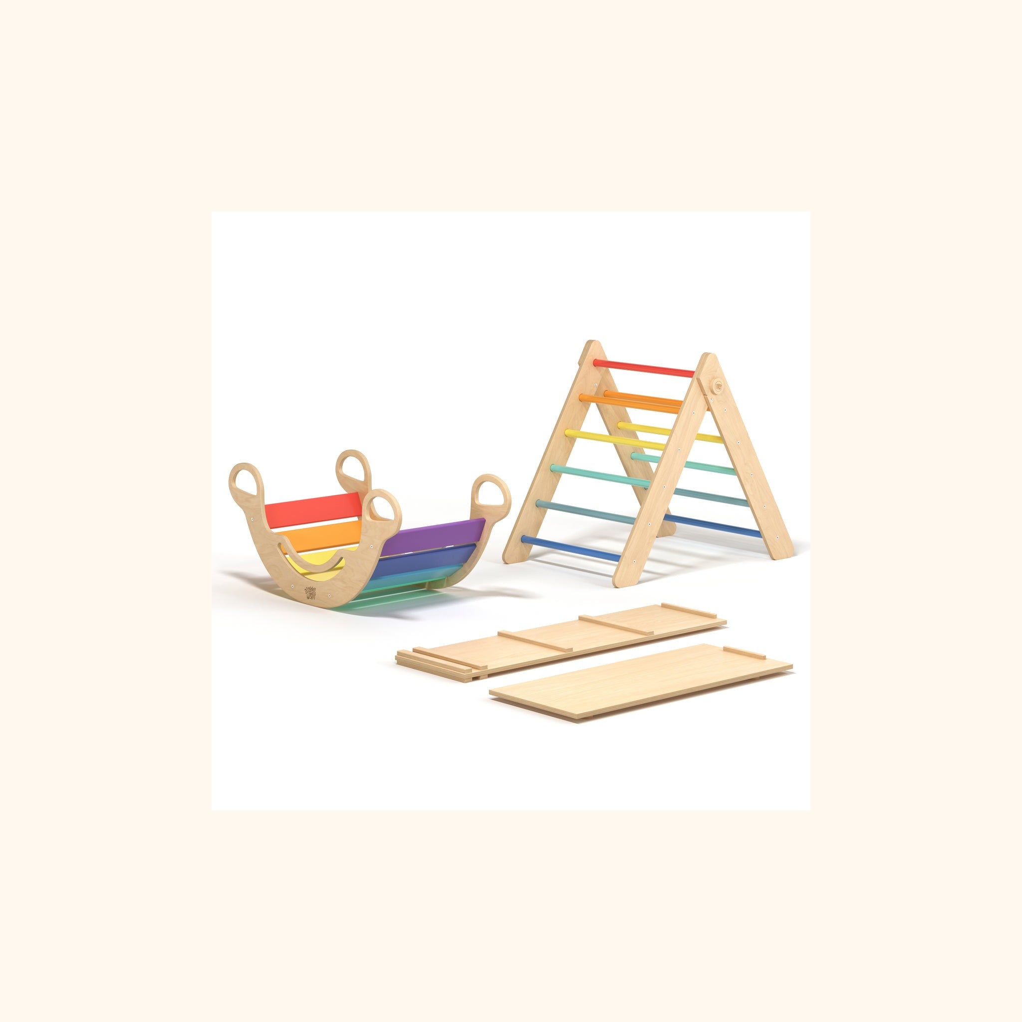 Ensemble motricité Pikler — triangle, 2 planches et bascule