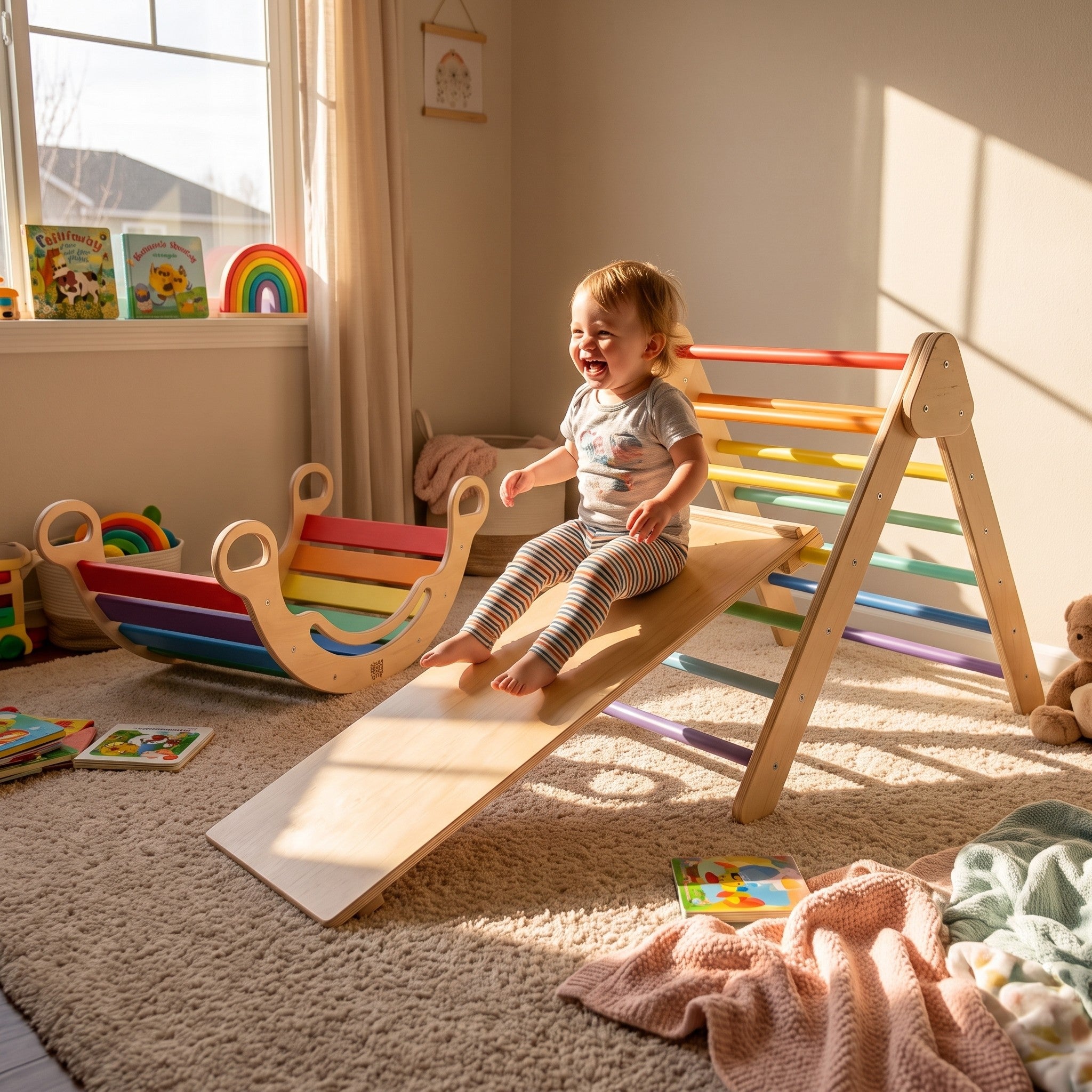 Enfant glissant sur la rampe de l'ensemble Pikler Miloubo