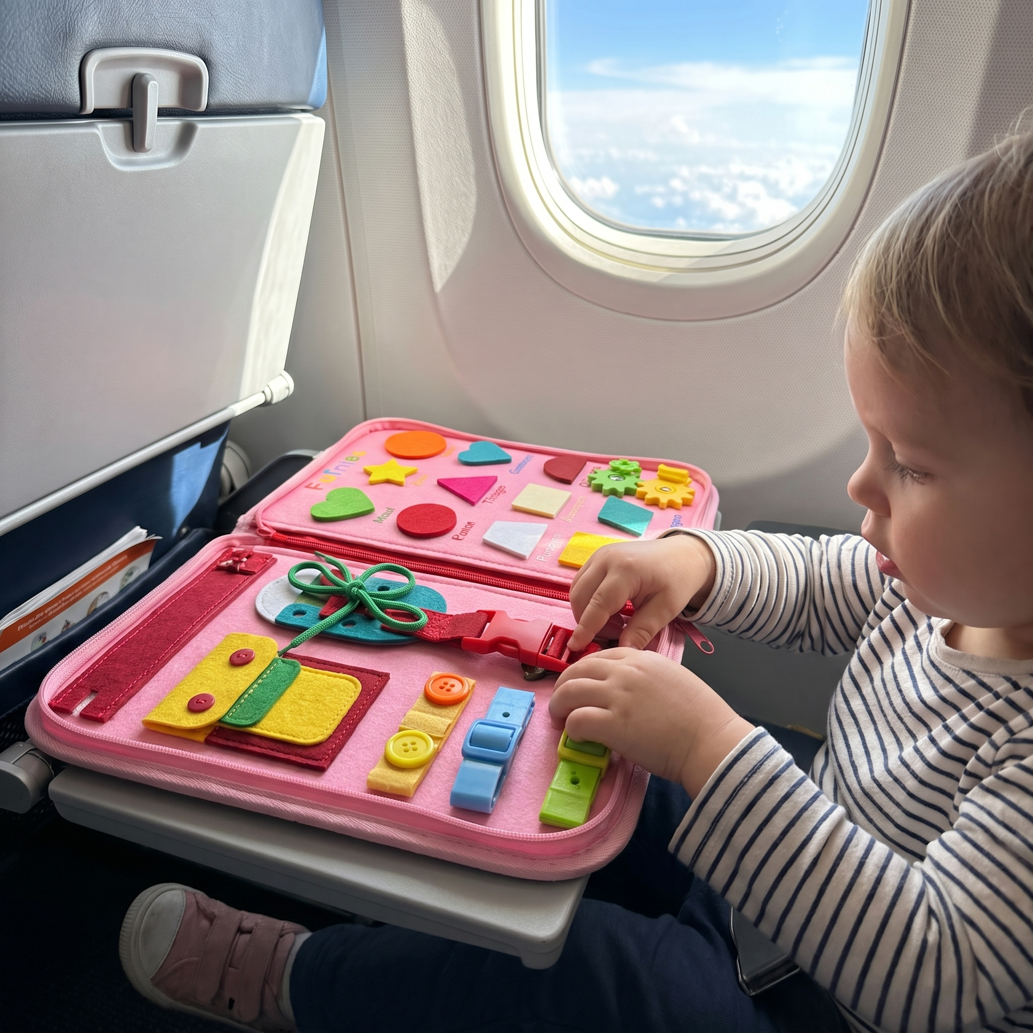 Enfant jouant avec le busy board Miloubo en avion