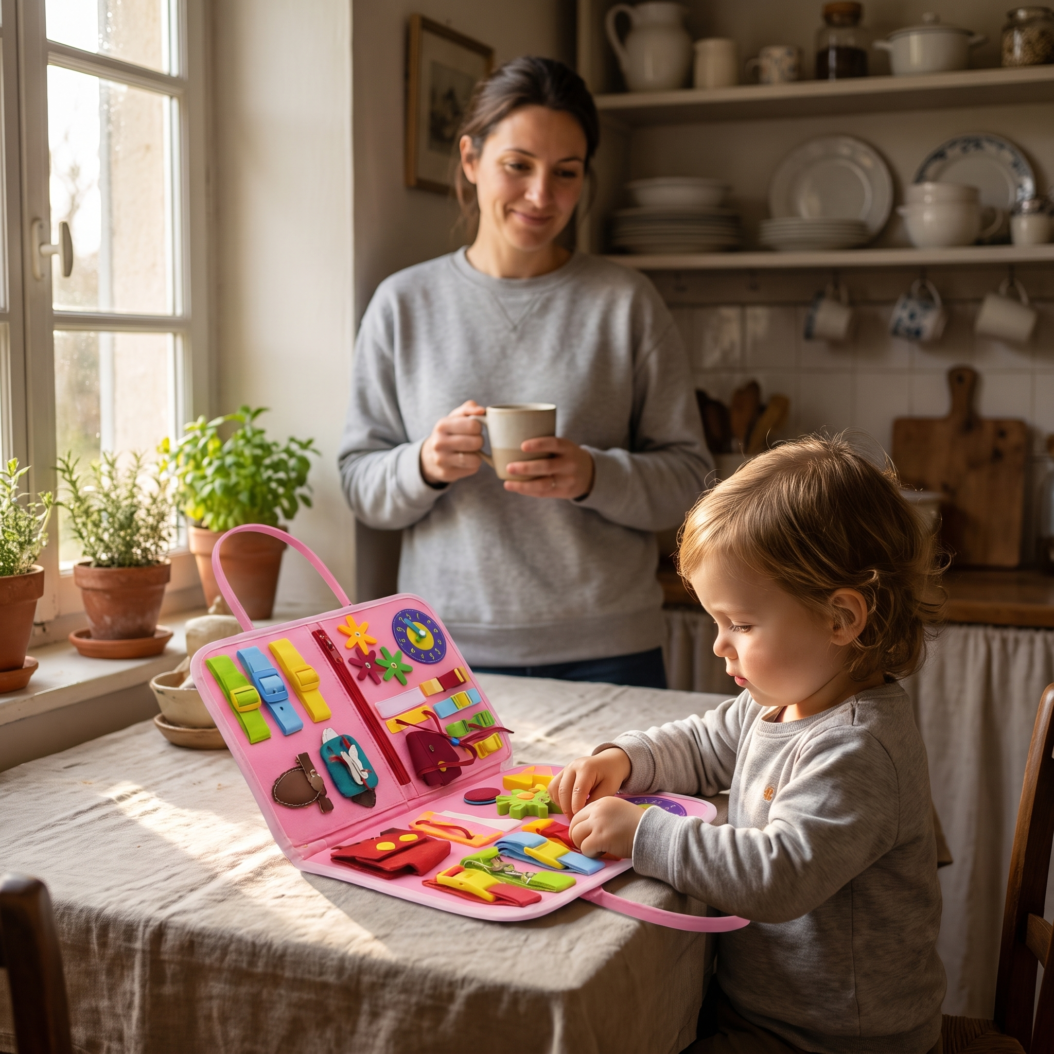 Mère buvant son café pendant que son enfant joue avec le busy board Miloubo