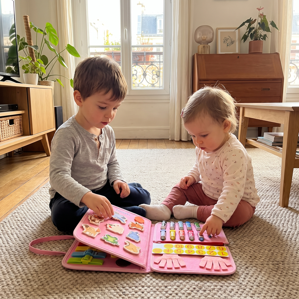 Frère et sœur jouant chacun sur une page du busy board Miloubo