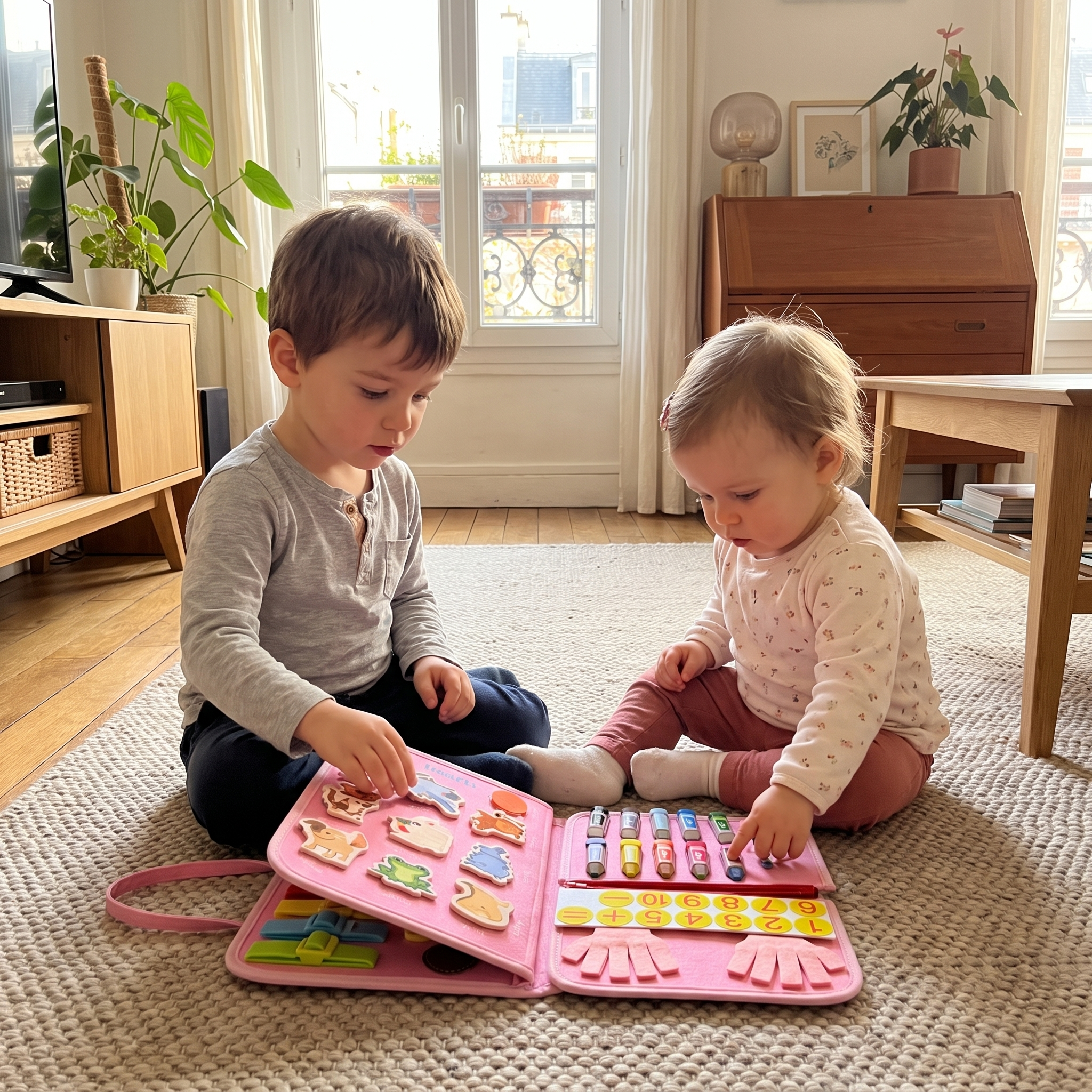 Frère et sœur jouant chacun sur une page du busy board Miloubo