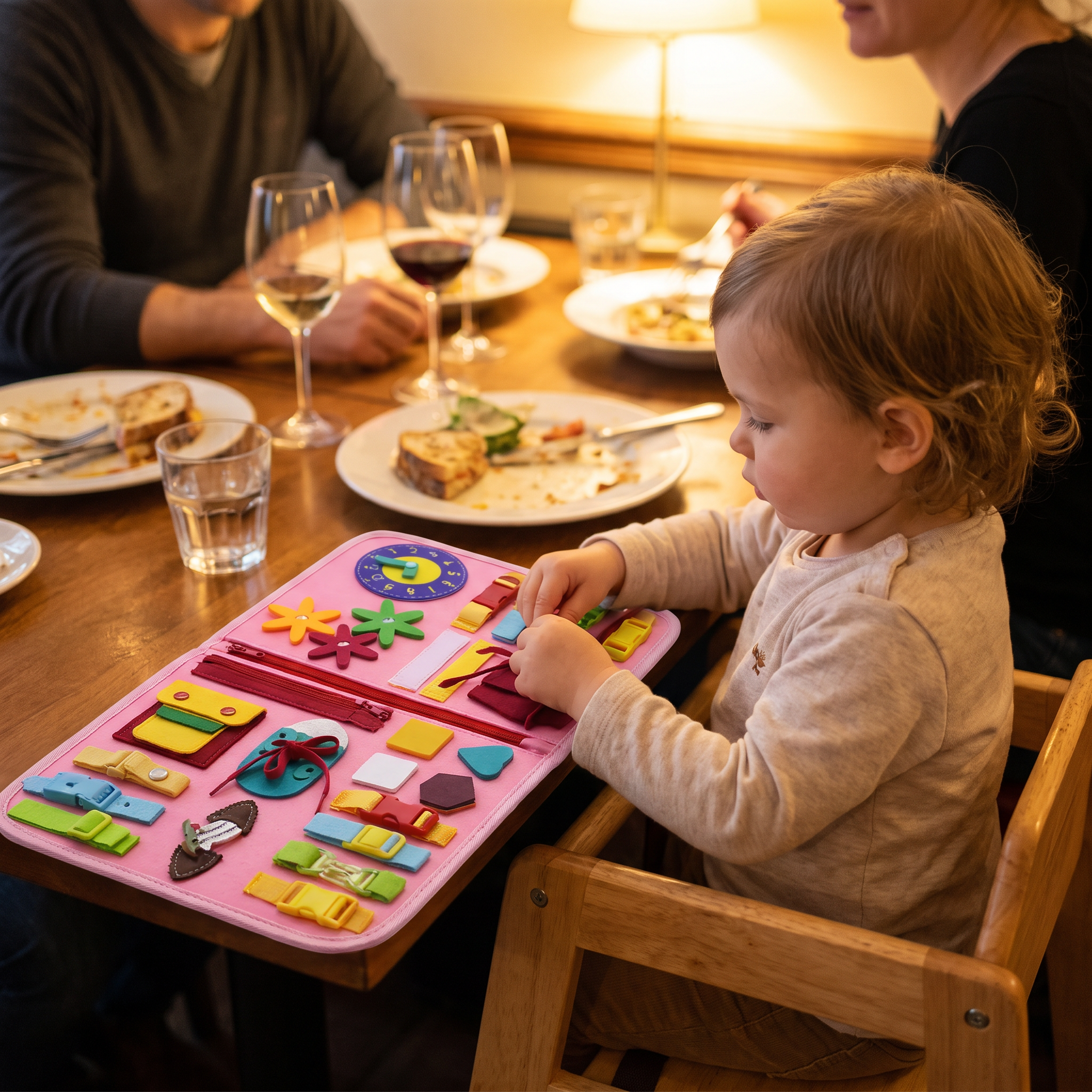 Enfant occupé par le busy board Miloubo au restaurant