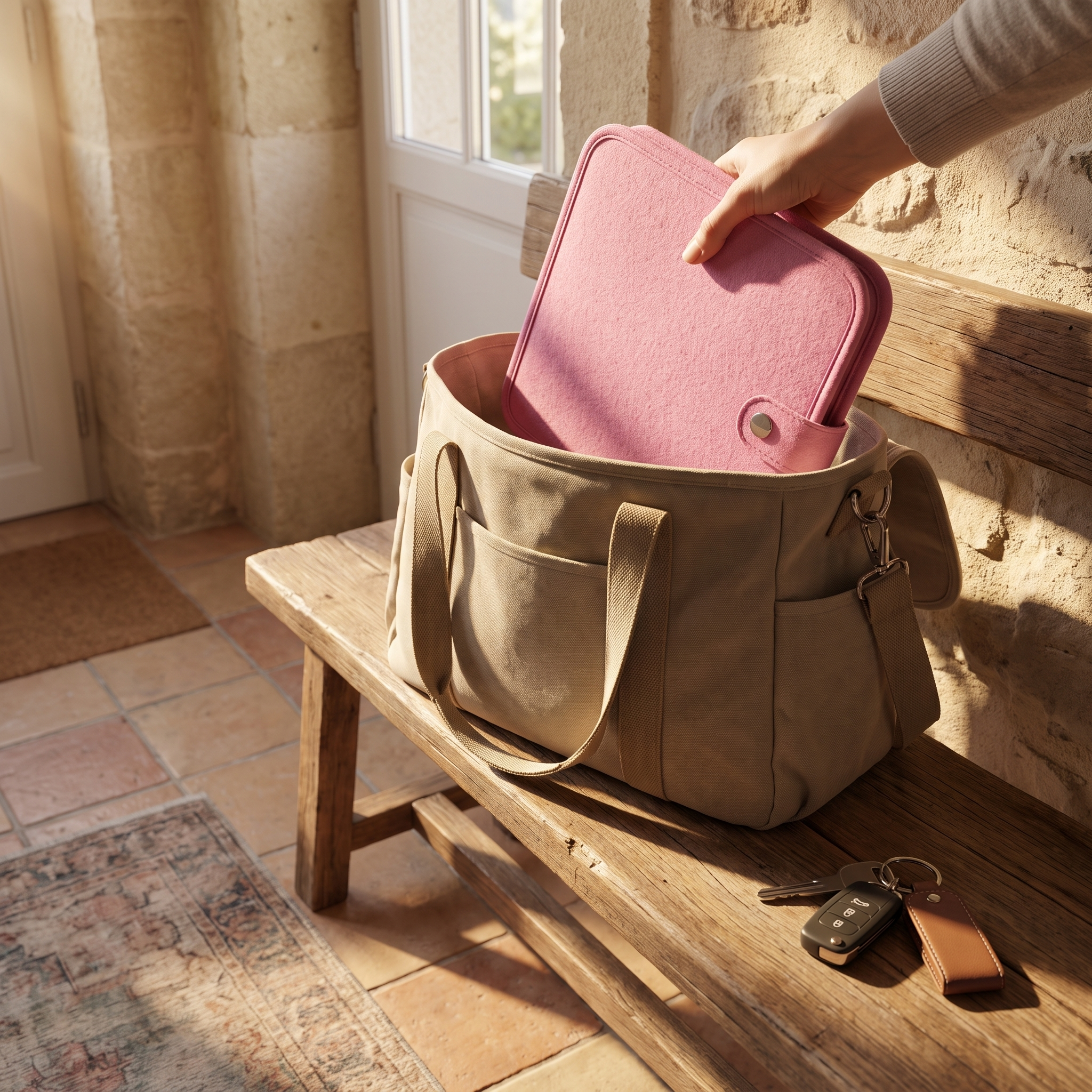 Le busy board Miloubo plié se range dans un sac à langer