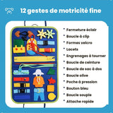 Les 12 gestes de motricité fine du Busy Board : lacets, fermeture éclair, boucles, boutons