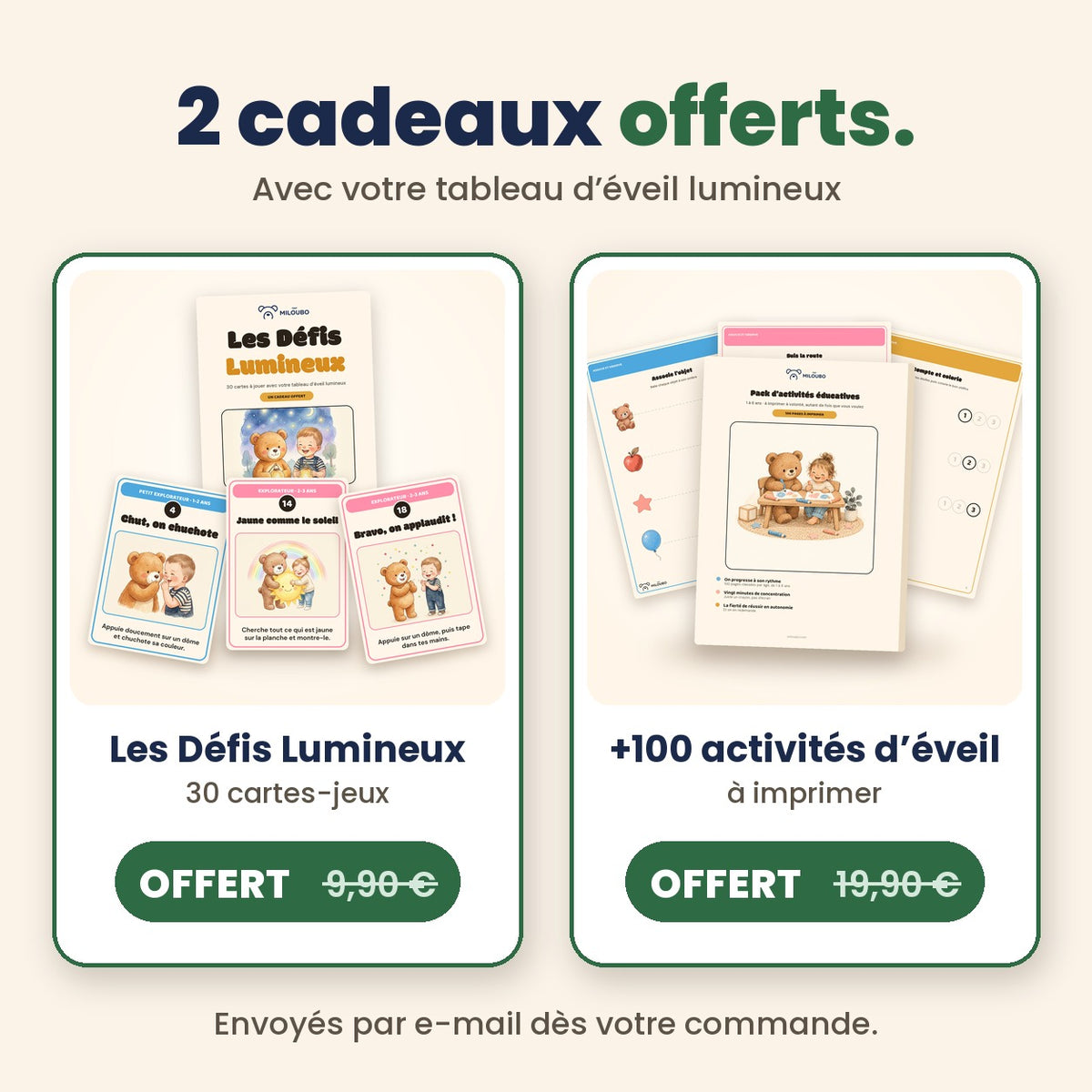 2 cadeaux offerts avec le tableau d'éveil lumineux : Les Défis Lumineux et +100 activités d'éveil