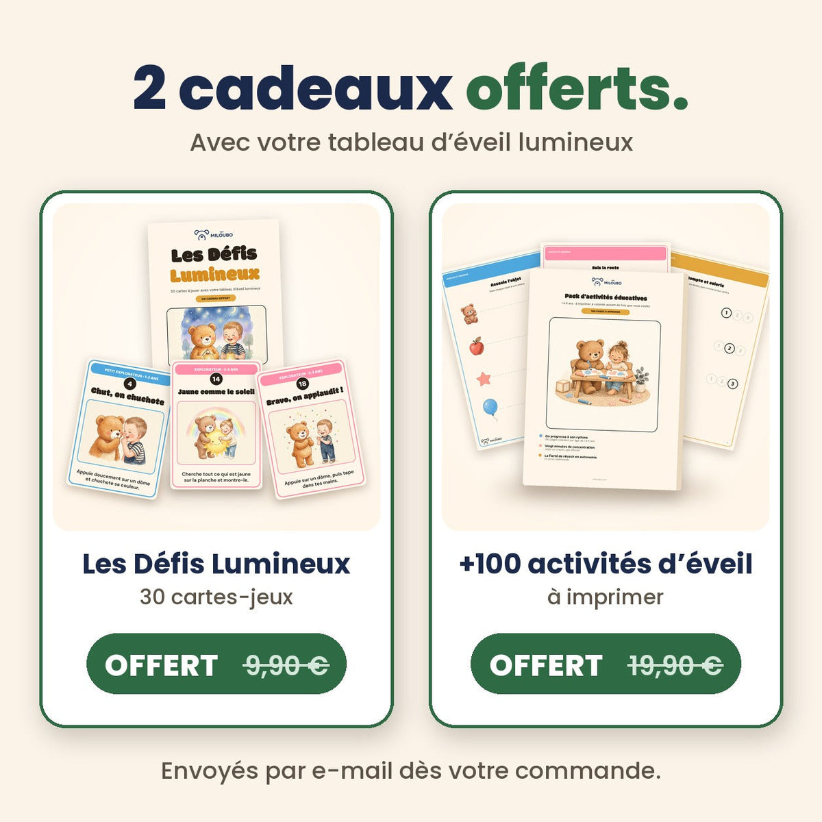 2 cadeaux offerts avec le tableau d'éveil lumineux : The Light Challenges et +100 activités d'éveil