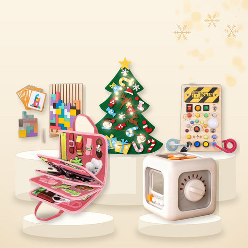 Le Cadeau de Noël Miloubo : livre, planche lumineuse, Busy Cube, Tetris et sapin en feutrine #rose