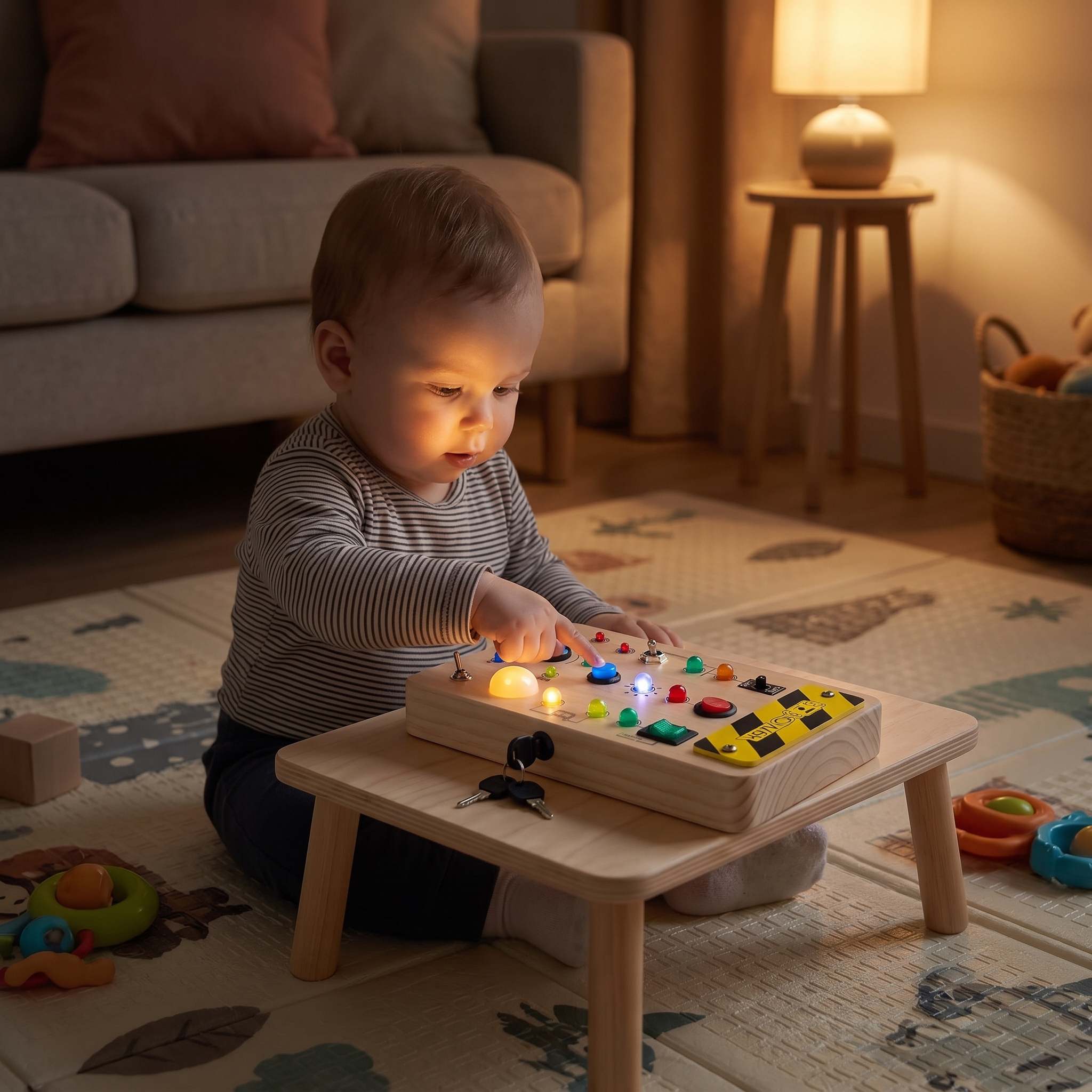 Bébé appuyant sur un bouton lumineux de la planche sensorielle Miloubo