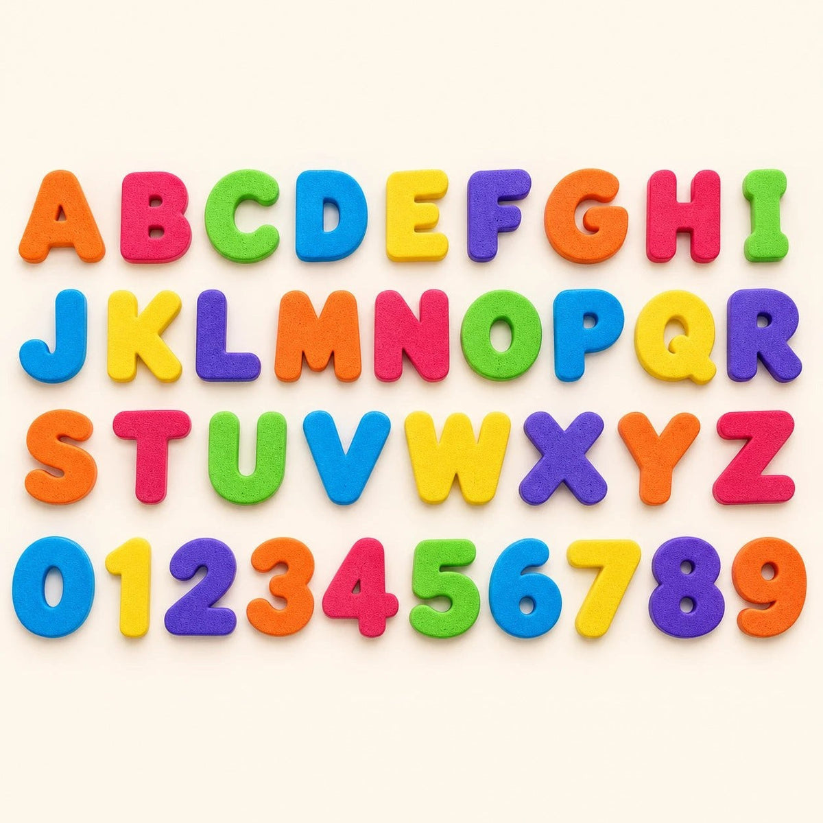 Lettres et chiffres de bain Miloubo en mousse : 26 lettres majuscules et 10 chiffres colorés