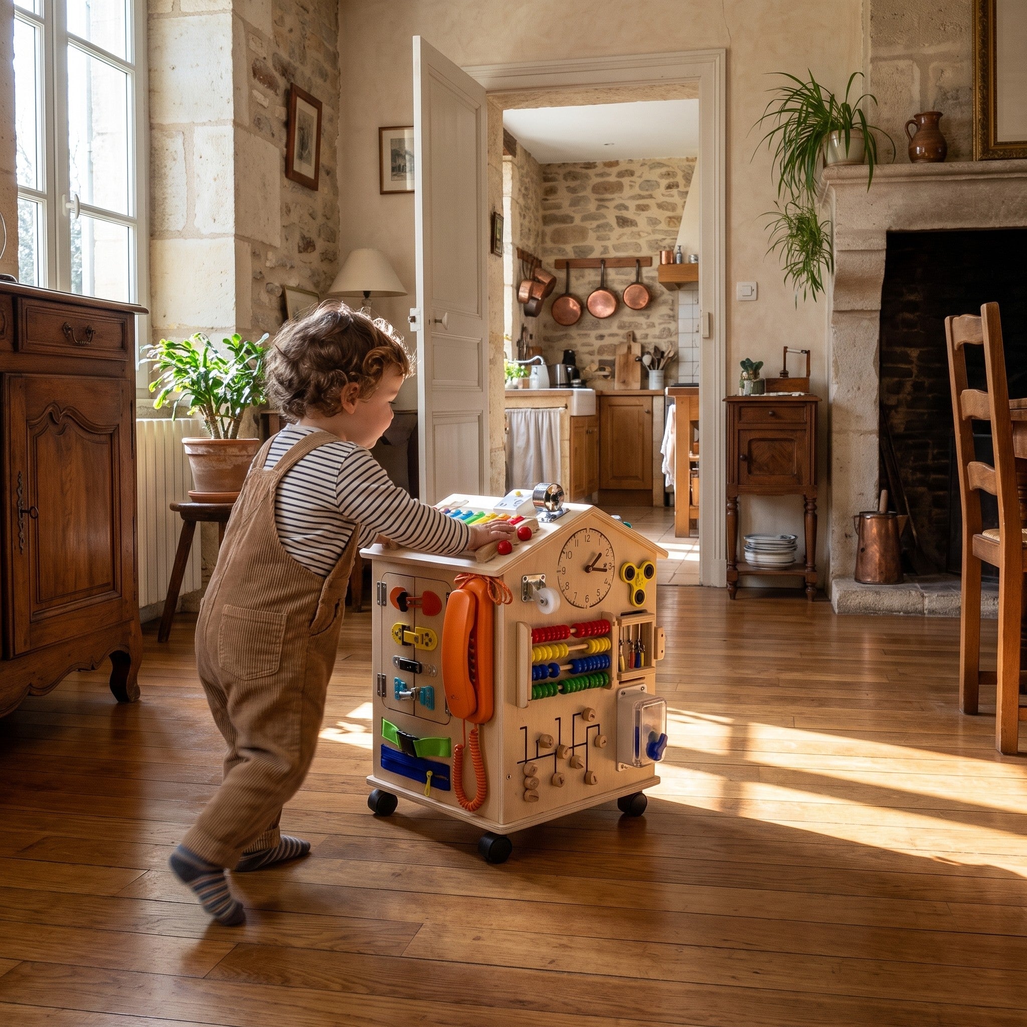 Enfant poussant la maison d'activités à roulettes Miloubo