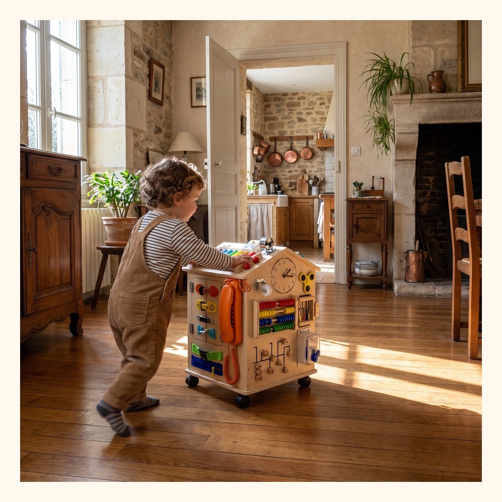 Enfant poussant la maison d'activités à roulettes Miloubo