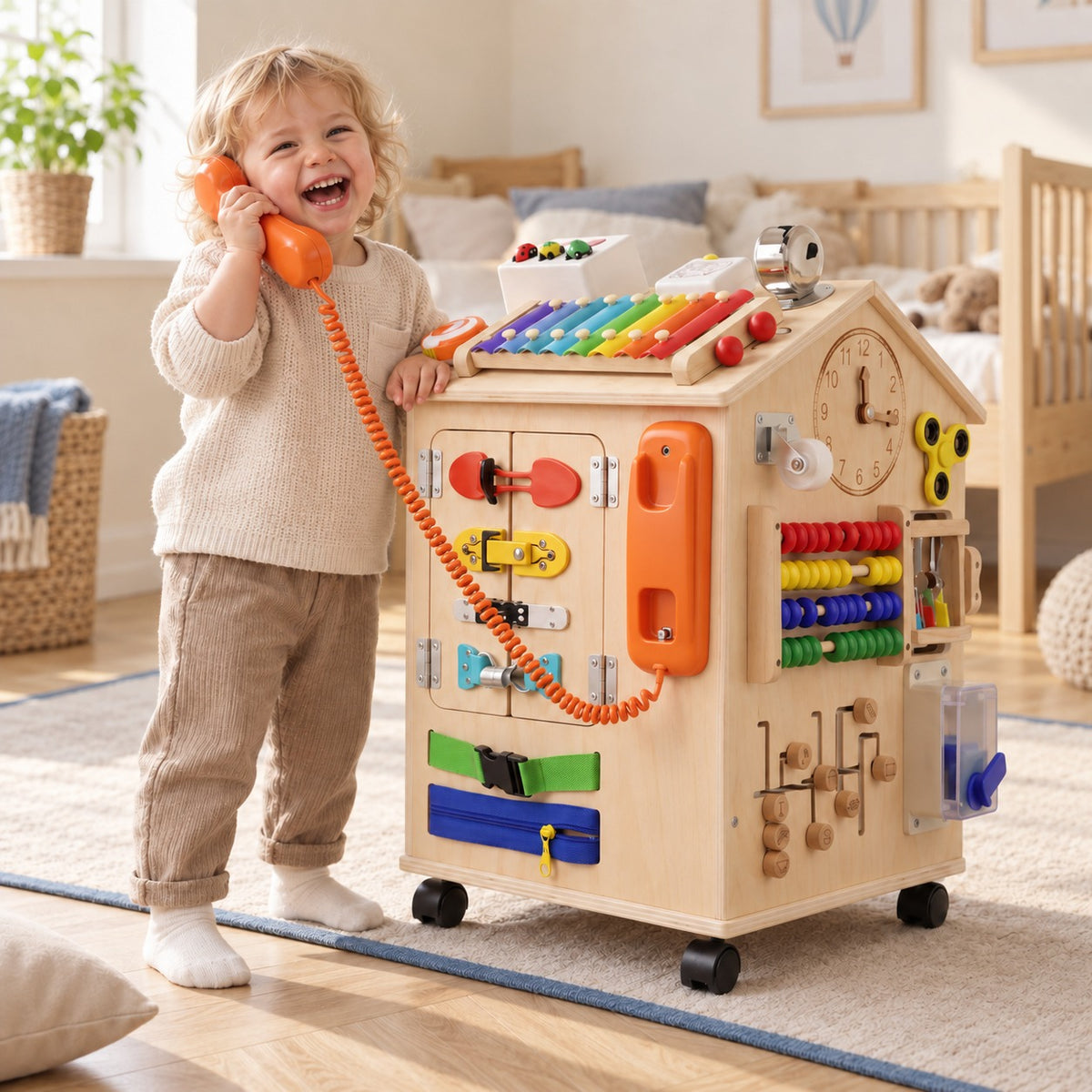 Enfant qui rit au téléphone orange de la maison d'activités Miloubo