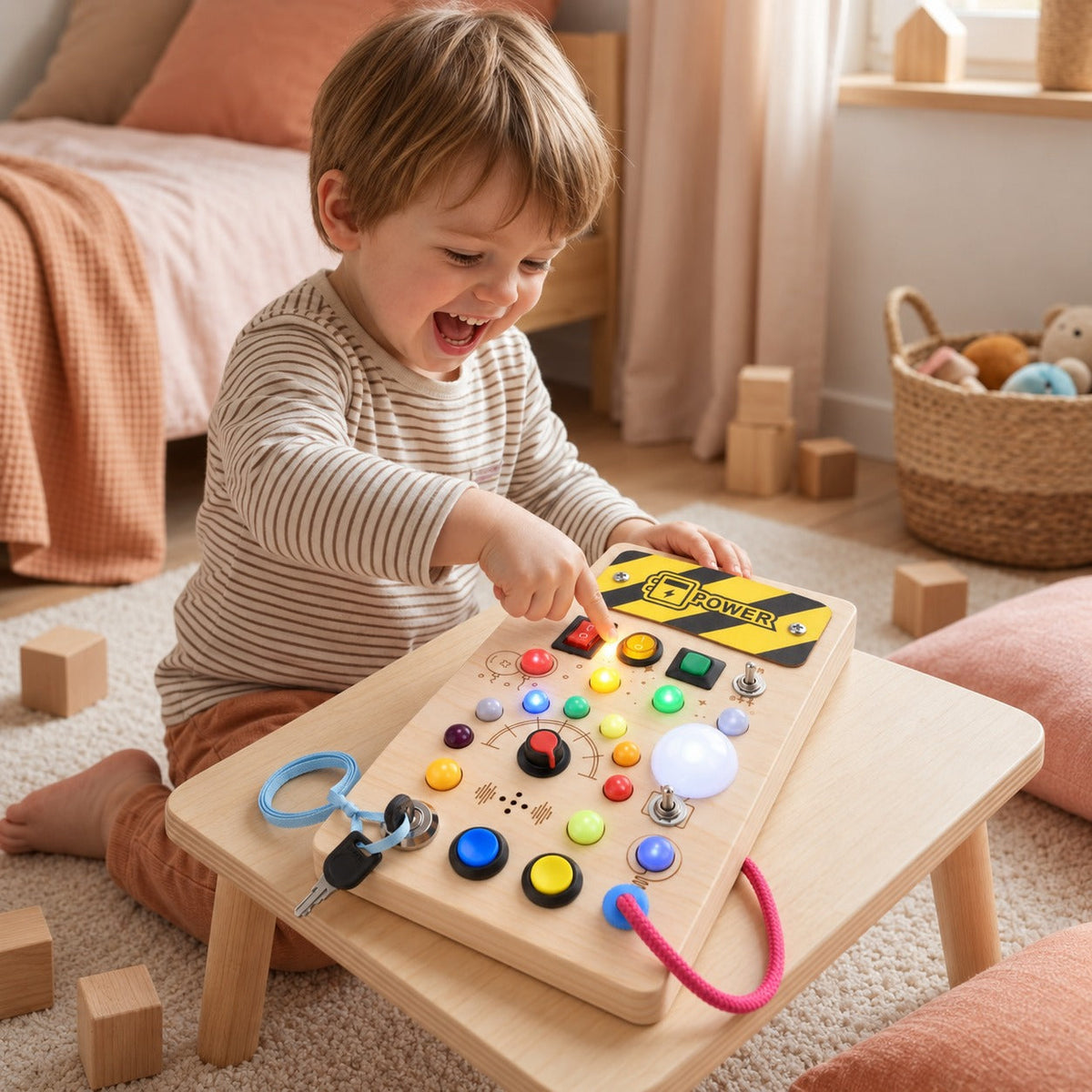 Enfant qui rit en allumant les lumières de la planche sensorielle Miloubo