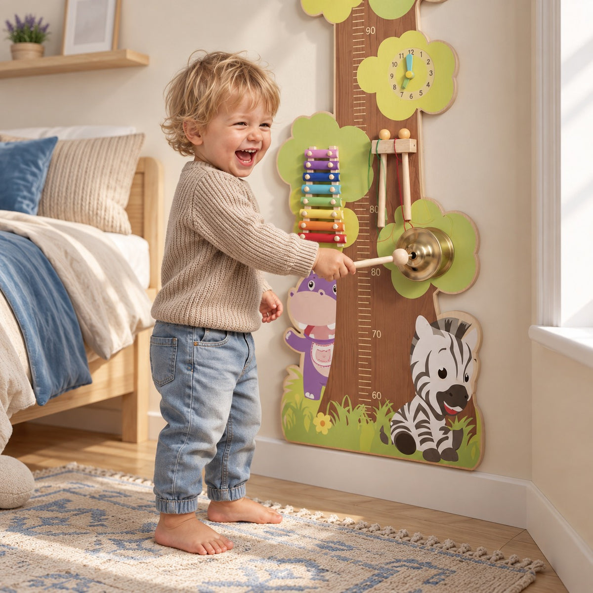 Enfant qui rit en jouant avec la cloche de la toise murale Miloubo