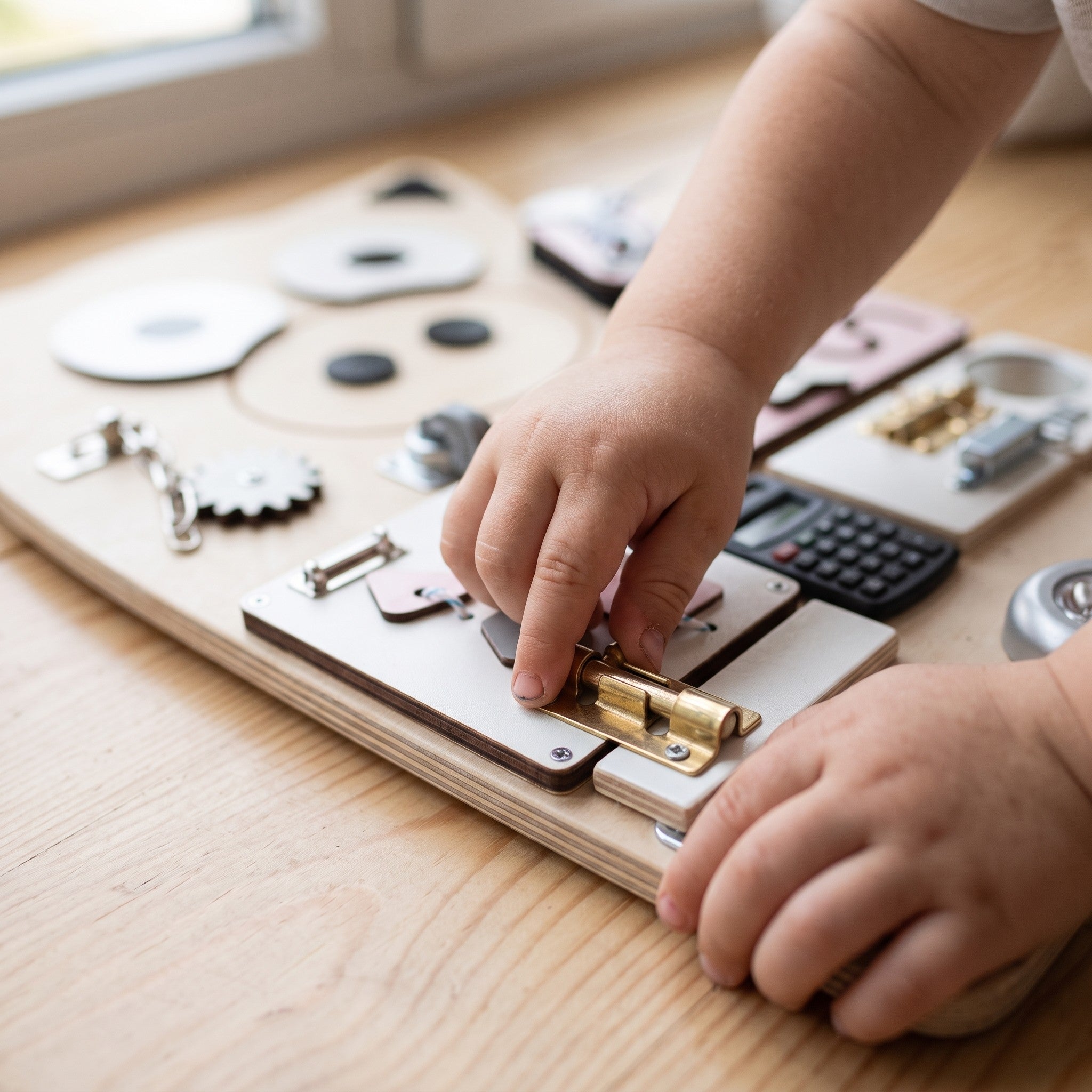 Mains d'enfant manipulant un verrou de la planche d'activités Miloubo