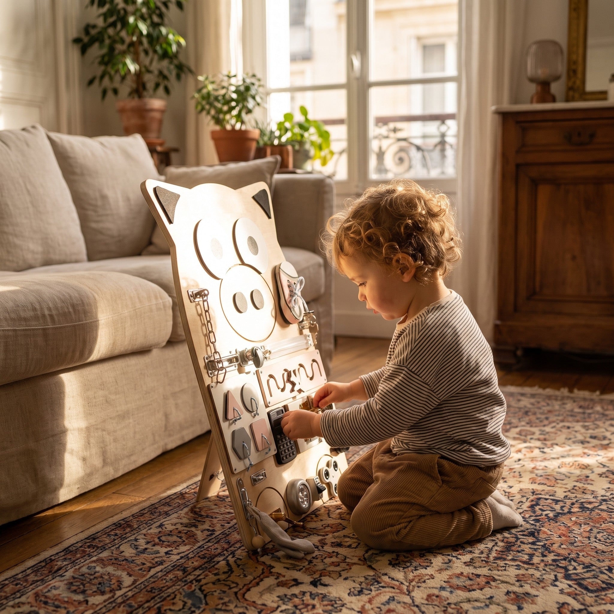 Enfant concentré sur la planche d'activités Montessori Miloubo