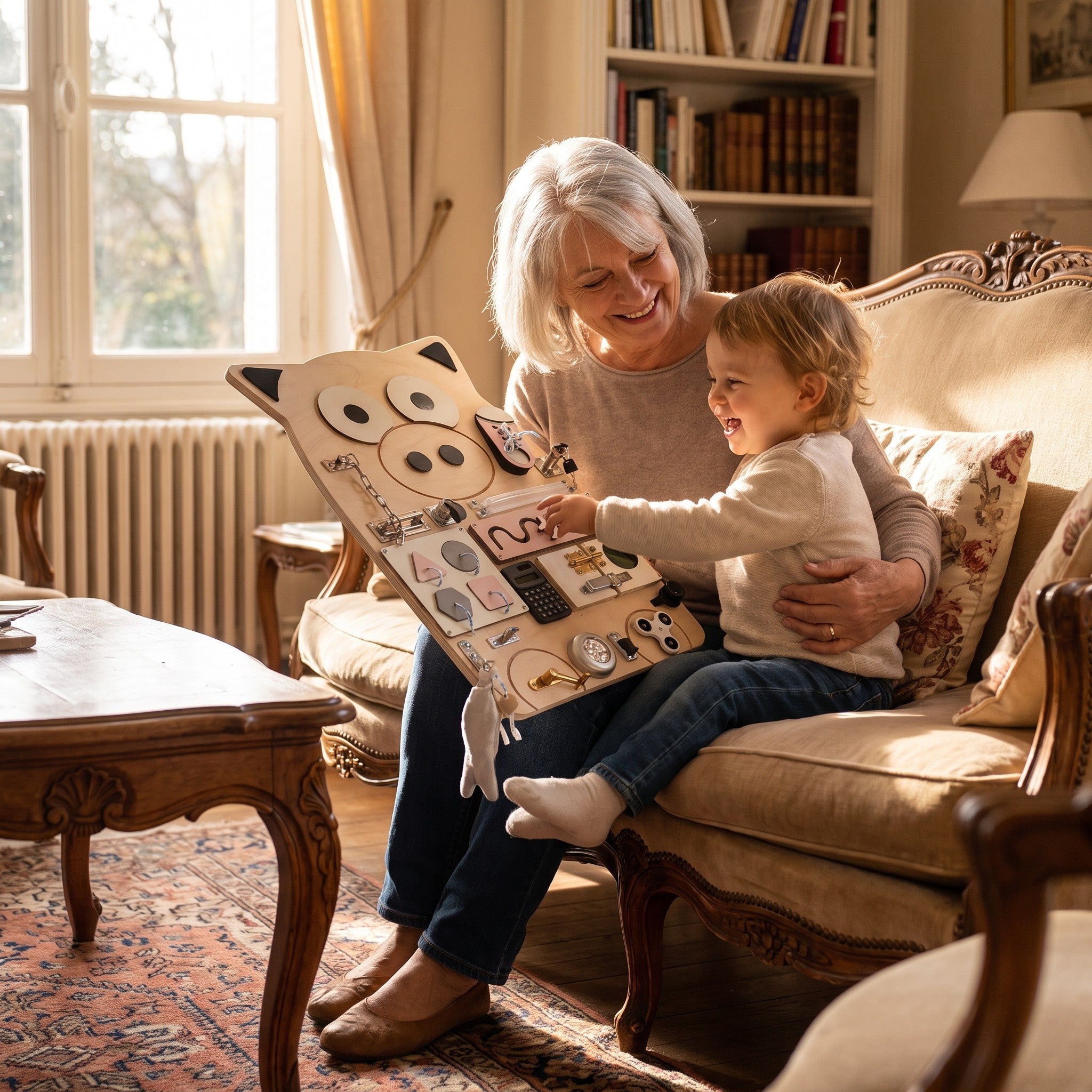 Grand-mère et petit-enfant jouant avec la planche d'activités Miloubo
