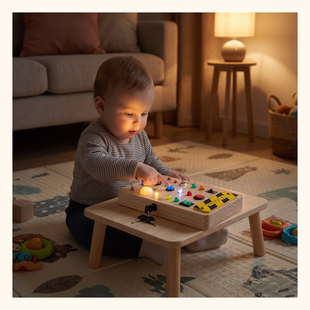 Bébé appuyant sur un bouton lumineux de la planche sensorielle Miloubo