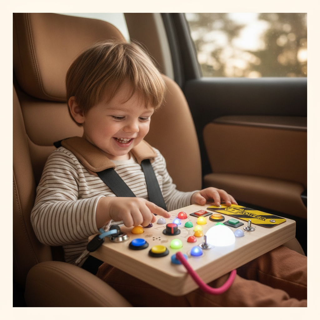 Enfant en siège auto qui joue avec la planche lumineuse Miloubo en voiture