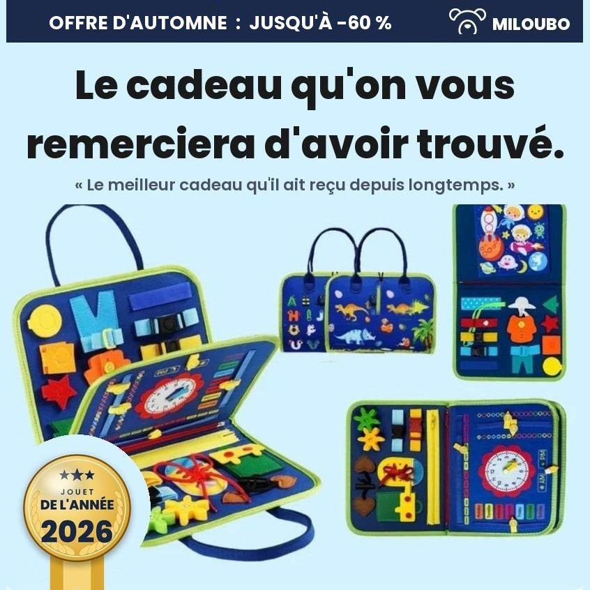 Busy Board Miloubo bleu, ouvert en éventail avec ses activités : le cadeau qu'on vous remerciera d'avoir trouvé