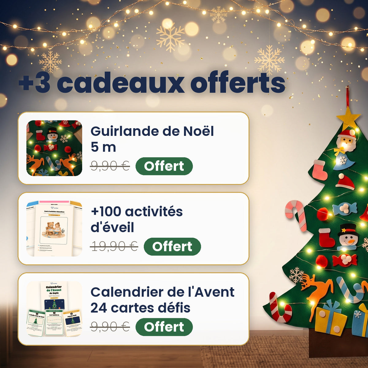 +3 cadeaux offerts avec le sapin en feutrine Miloubo : guirlande de Noël 5 m, +100 activités d'éveil, calendrier de l'Avent