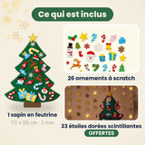 Ce qui est inclus : 1 sapin en feutrine 70 × 95 cm, 26 ornements à scratch, 33 étoiles dorées scintillantes offertes