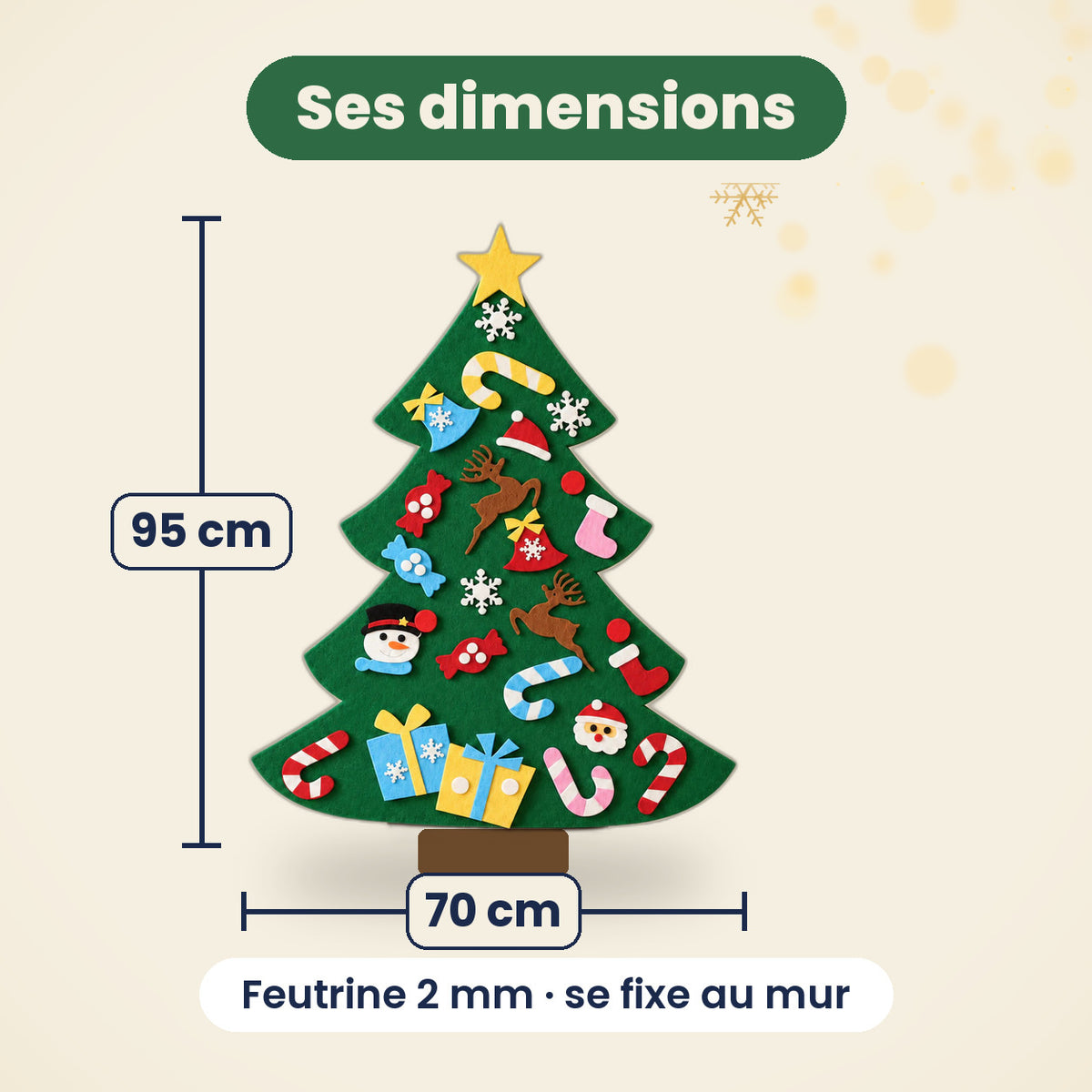 Dimensions du sapin en feutrine Miloubo : 95 cm de haut, 70 cm de large, feutrine 2 mm, se fixe au mur