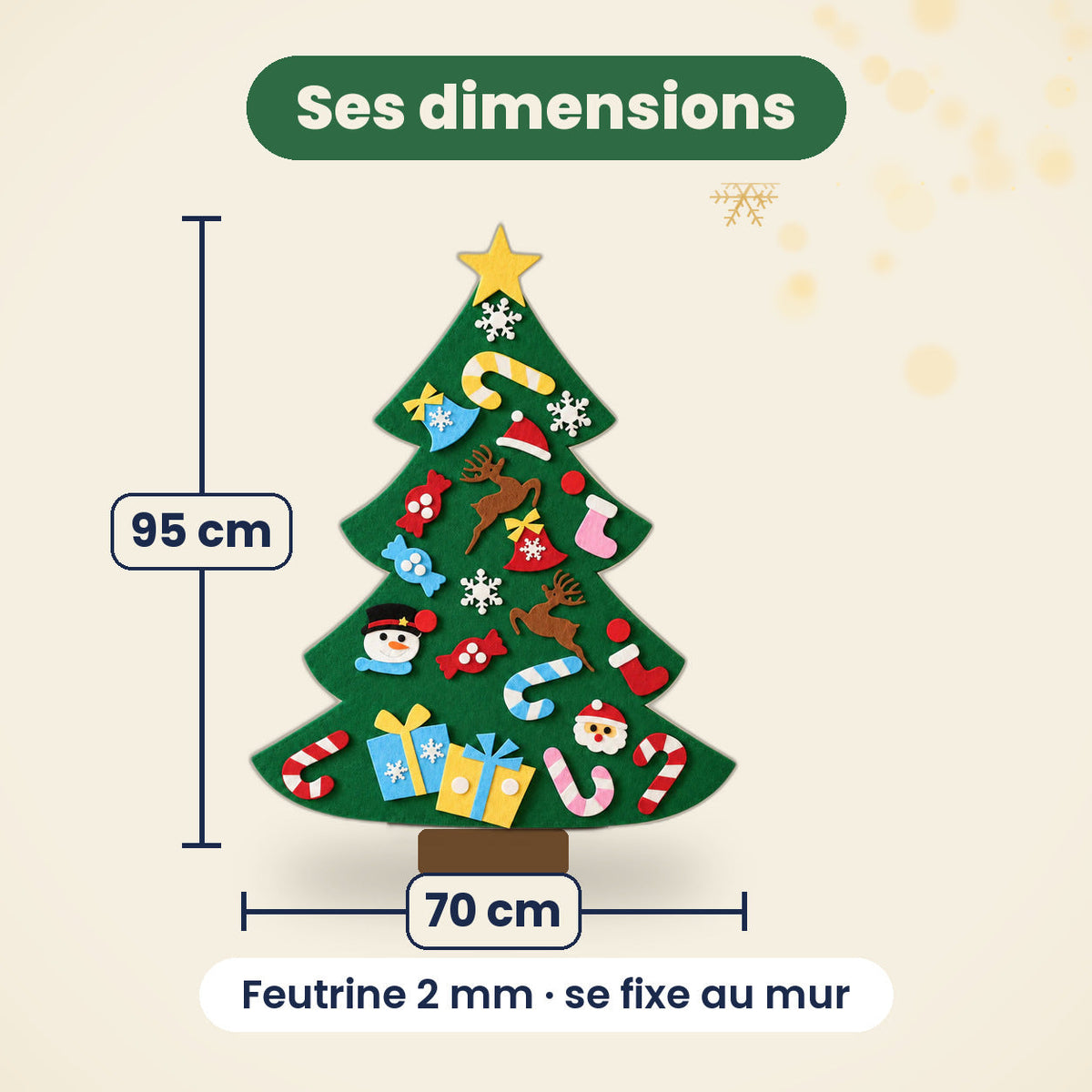 Dimensions du sapin en feutrine Miloubo : 95 cm de haut, 70 cm de large, feutrine 2 mm, se fixe au mur