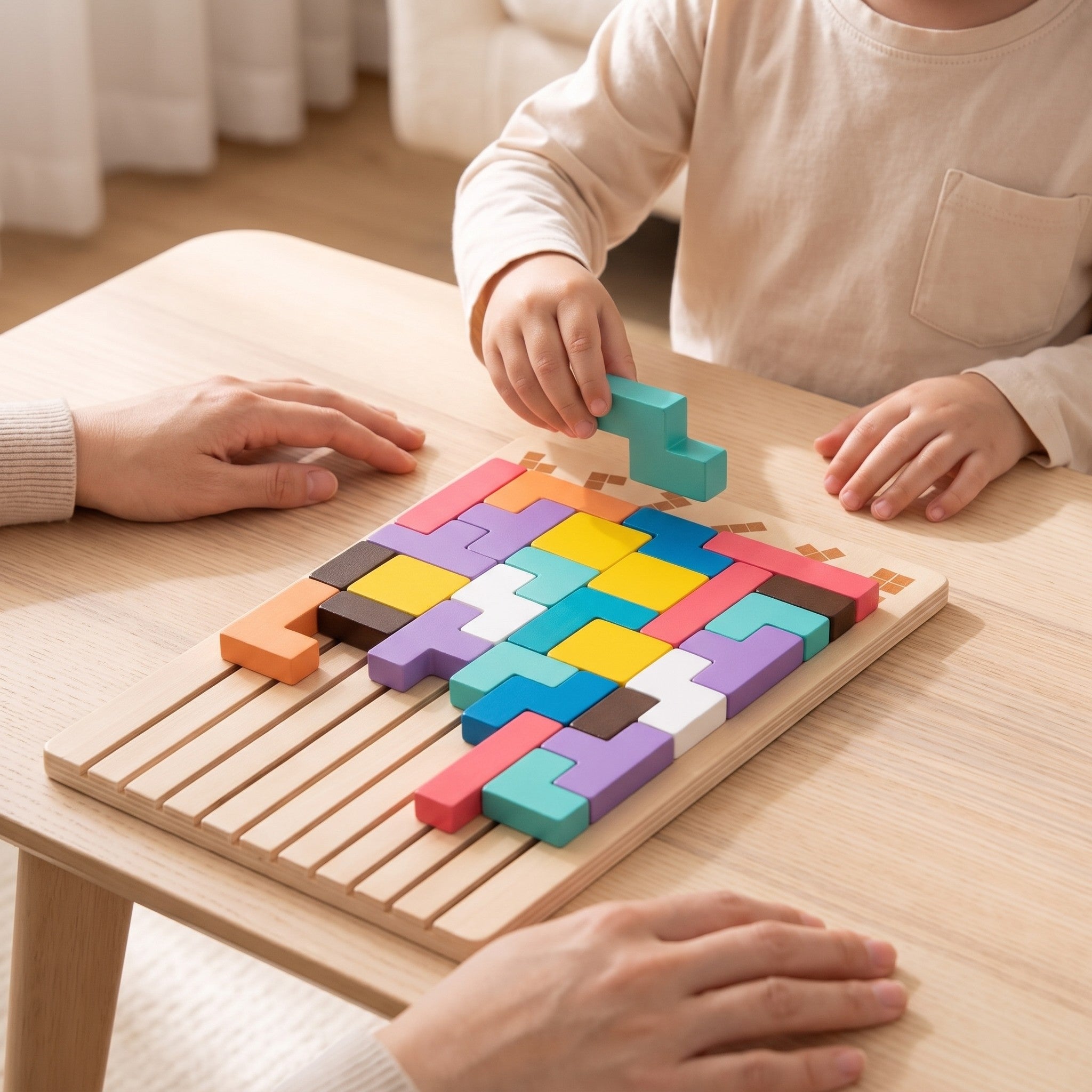 Enfant plaçant une pièce du Tetris en bois Miloubo