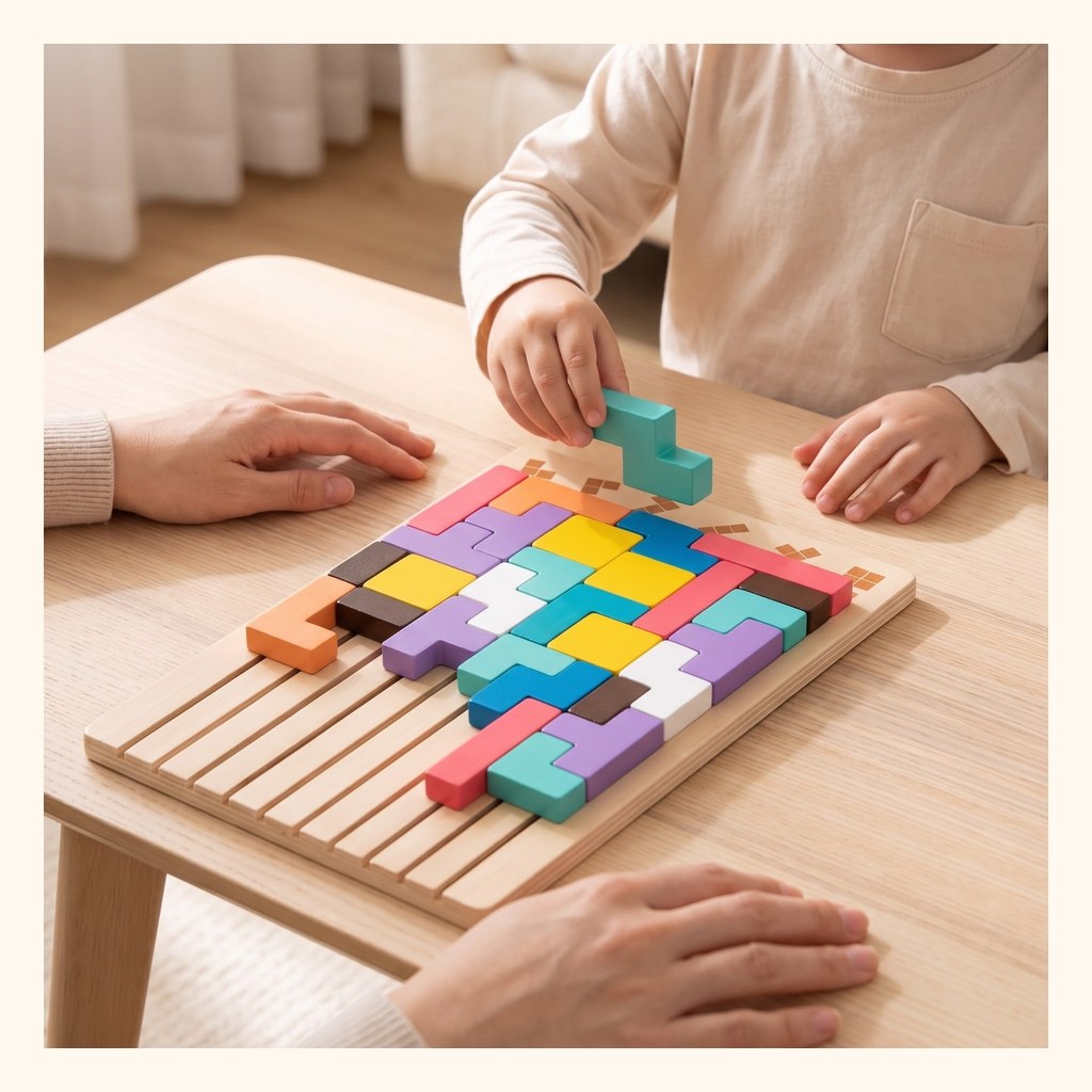 Enfant plaçant une pièce du Tetris en bois Miloubo