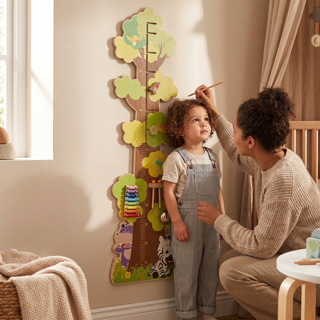 Parent mesurant son enfant sur la toise murale Miloubo