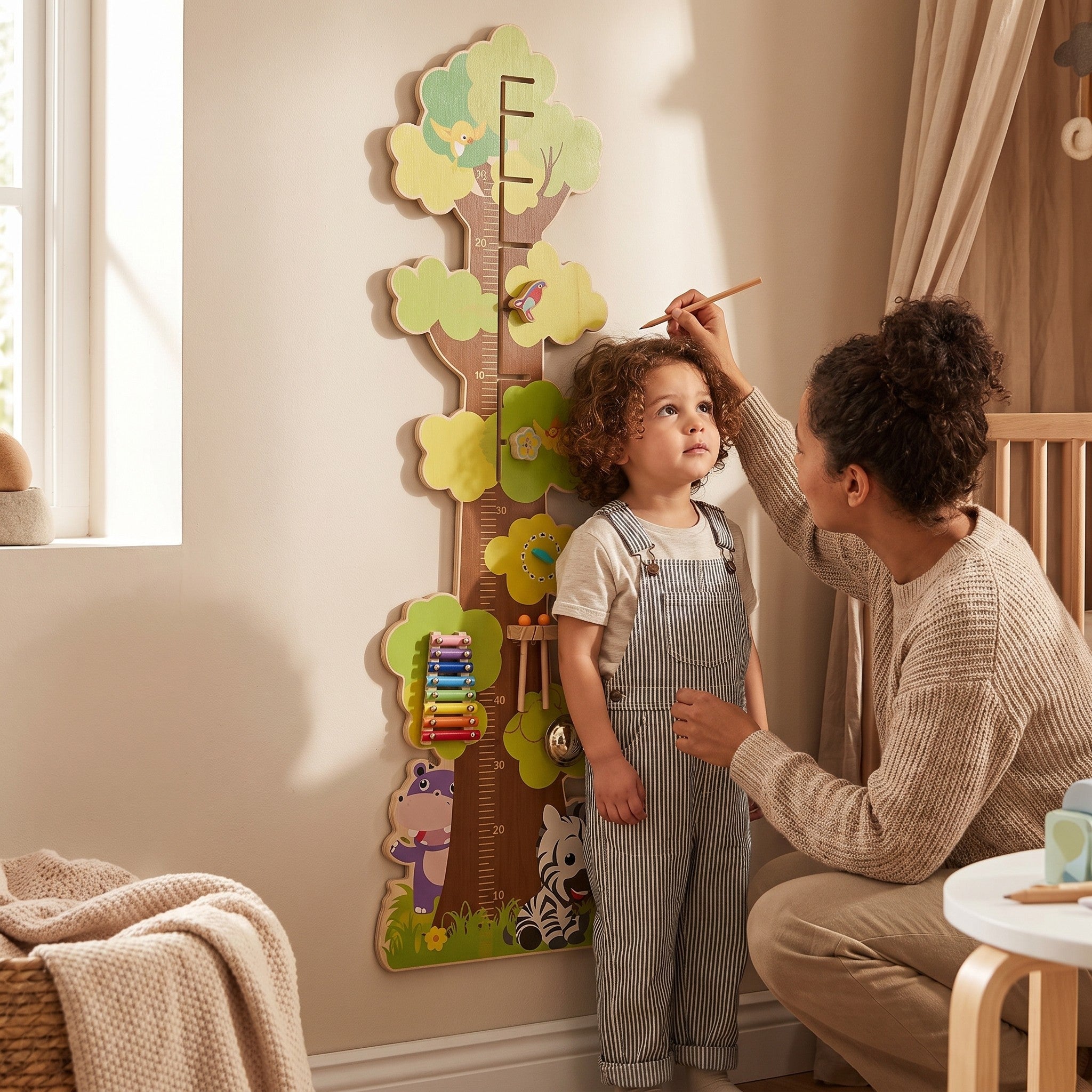 Parent mesurant son enfant sur la toise murale Miloubo