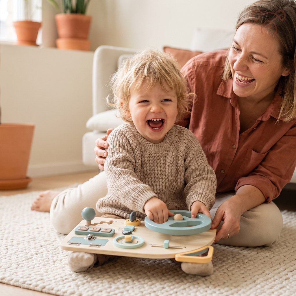 Enfant qui rit en tournant le volant Montessori Miloubo, sa mere a cote